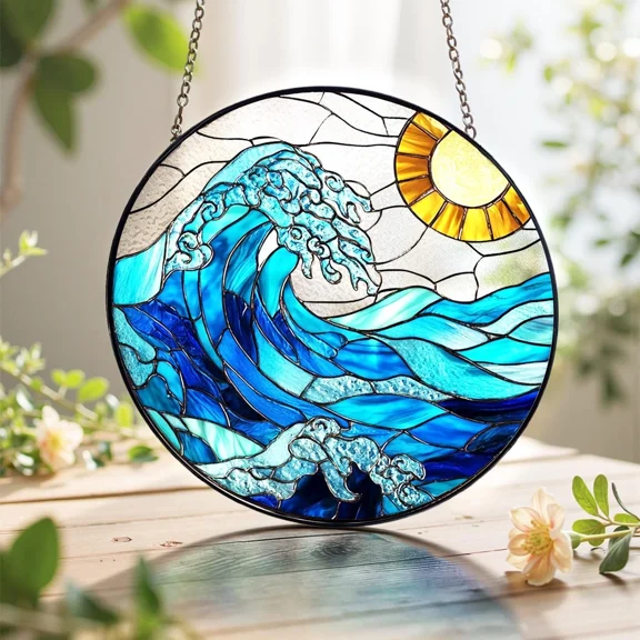 Ocean Beach Wave Stained Glass Suncatcher Coastal Window Hanging Home Decor