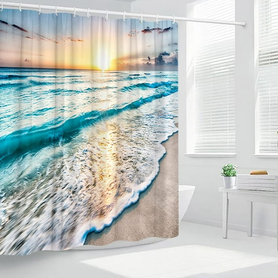 Ocean Beach Wave Sunrise Shower Curtain - 70x70 Inch Summer Seaside Landscape Blue Green Golden Durable Polyester Fabric Includes Hooks