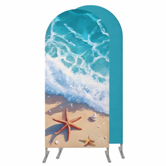 Ocean Beach Wedding Arch Cover,Stretchy Spandex Arch Backdrop Stand Covers 4 FT,Coastal Nautical Starfish Shells Sea Waves Round Top Arched Backdrop Cover for Birthday Party Ceremony Baby Shower