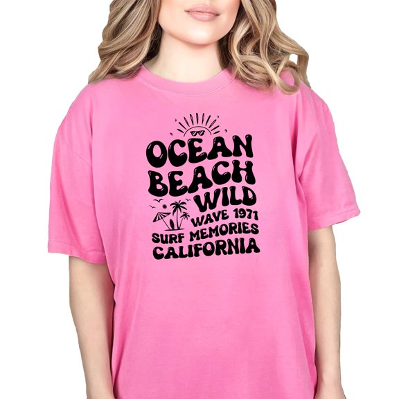 Ocean Beach Wild Wave 1971 Surf Memories California, Groovy Retro Wavy Text, Crunchberry Comfort Colors T-Shirt, Large