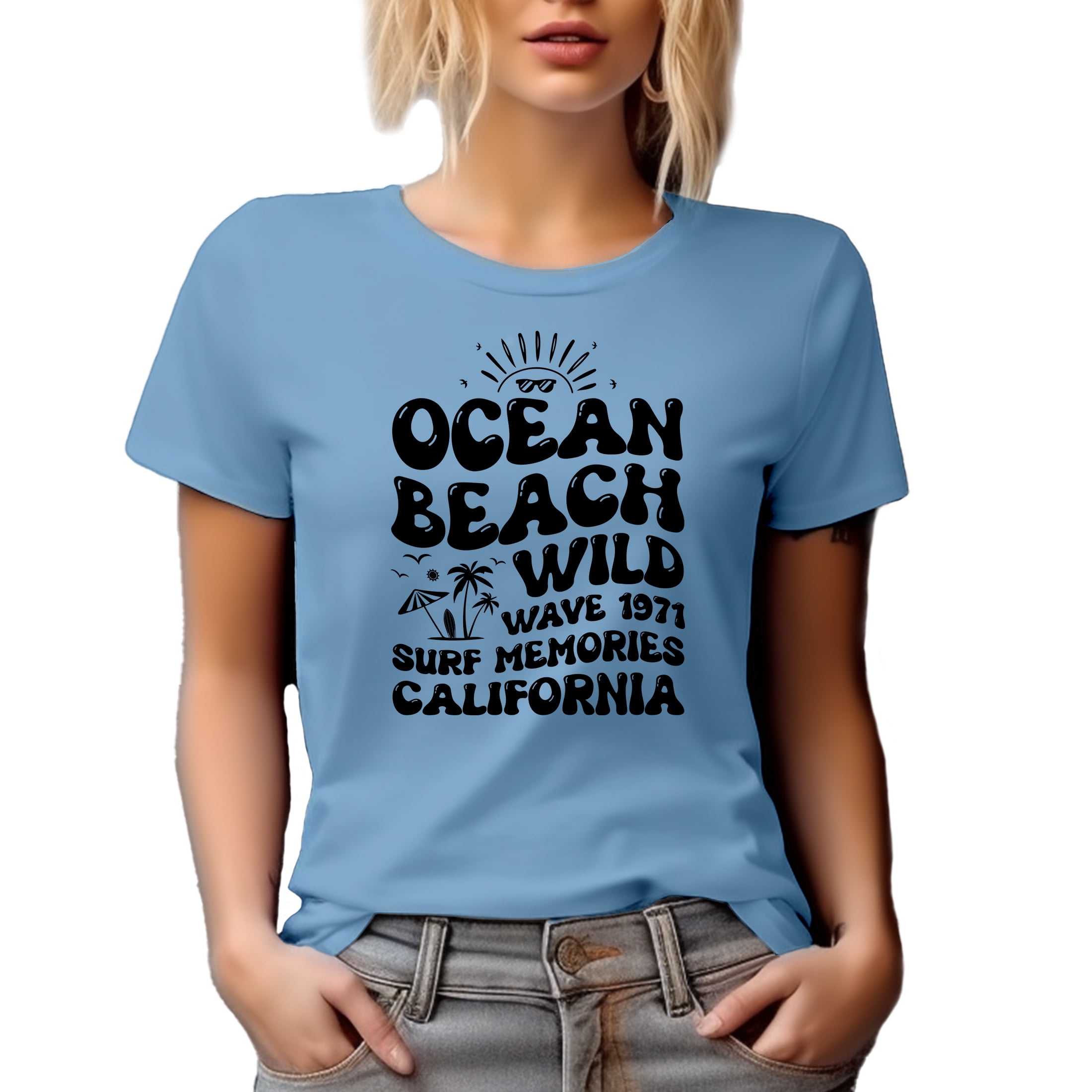 Ocean Beach Wild Wave 1971 Surf Memories California, Retro Groovy Wavy Text, Baby Blue T-Shirt, Medium