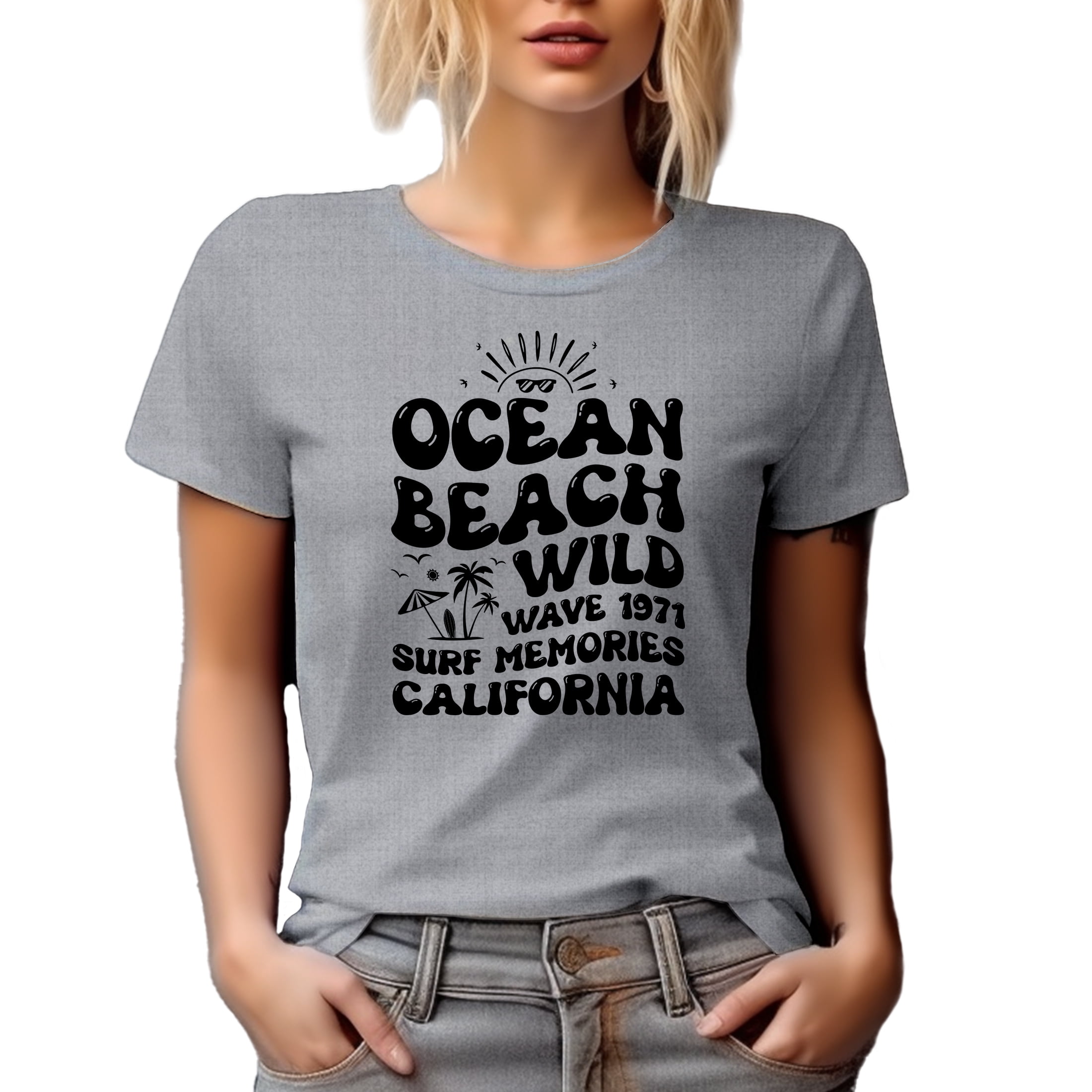 Ocean Beach Wild Wave 1971 Surf Memories California, Retro Groovy Wavy Text, Heather Grey T-Shirt, Medium