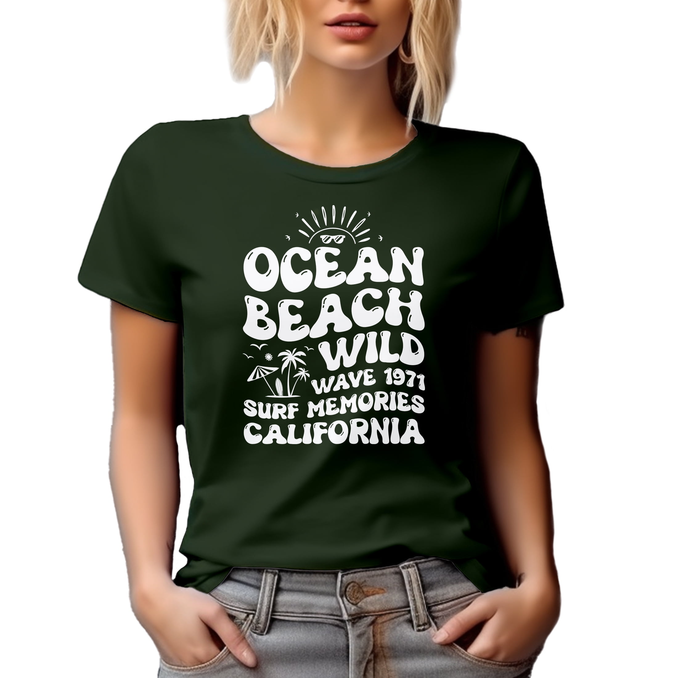 Ocean Beach Wild Wave 1971 Surf Memories California - Retro Groovy Wavy Text, Military Green T-Shirt, 2XL