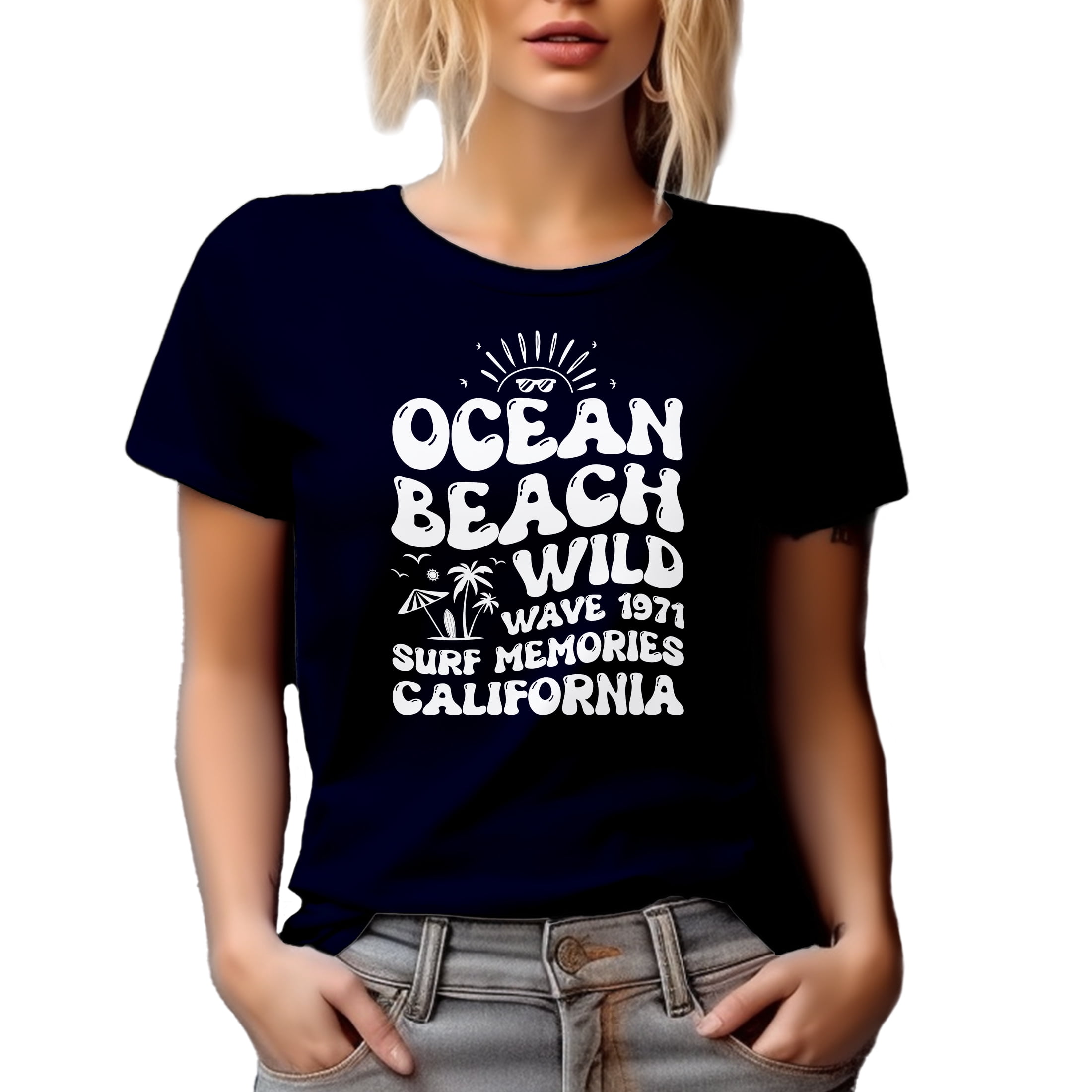 Ocean Beach Wild Wave 1971 Surf Memories California - Retro Groovy Wavy Text, Navy Blue T-Shirt, Small