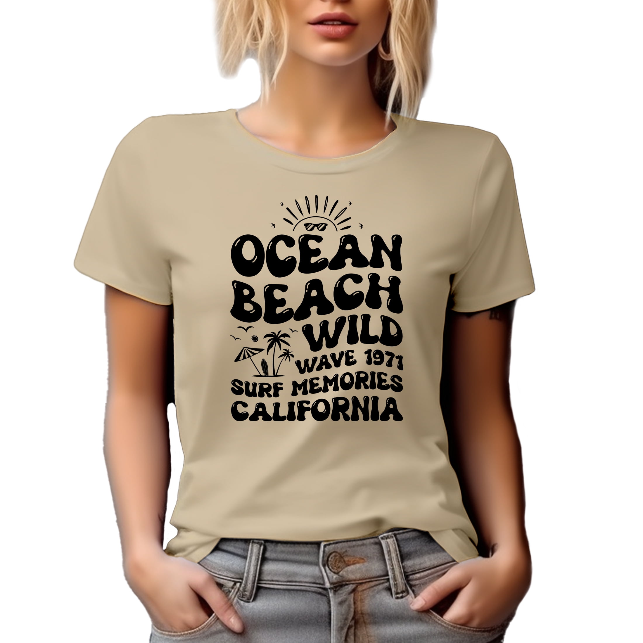 Ocean Beach Wild Wave 1971 Surf Memories California, Retro Groovy Wavy Text, Tan T-Shirt, Small
