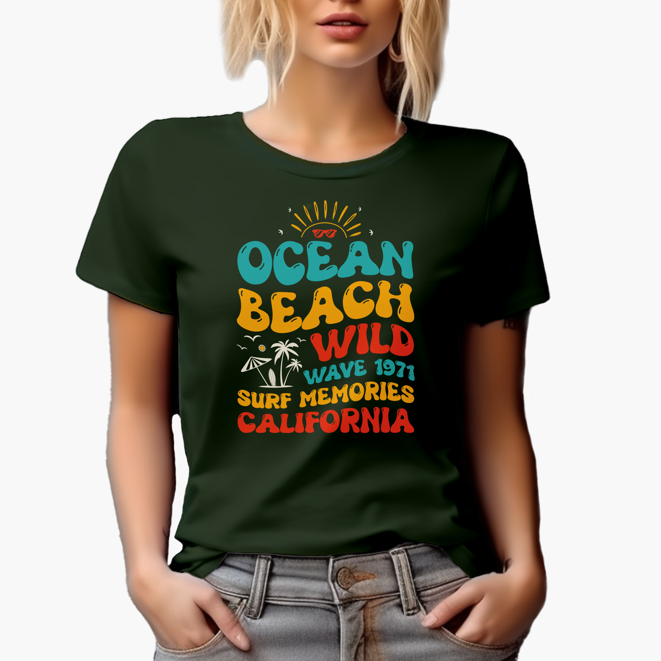 Ocean Beach Wild Wave 1971 Surf Memories California, Retro Quote, Groovy Retro Wavy Text Merch Gift, Military Green T-Shirt, XL