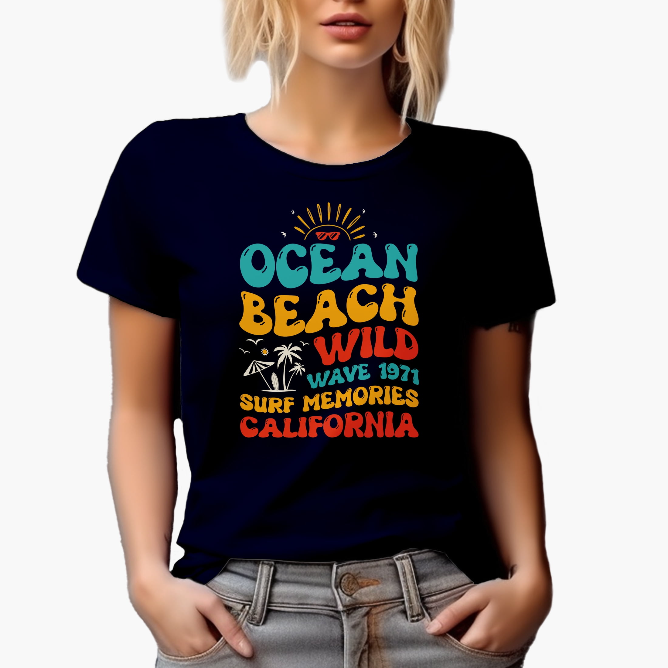 Ocean Beach Wild Wave 1971 Surf Memories California, Retro Quote, Groovy Retro Wavy Text Merch Gift, Navy Blue T-Shirt, 3XL