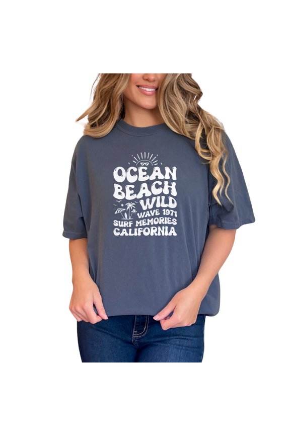 Ocean Beach Wild Wave 1971 Surf Memories California, Retro Themed, Groovy Retro Wavy Text, Denim Comfort Colors T-Shirt, Small