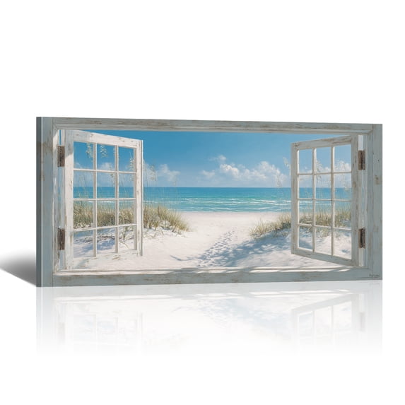 Ocean Beach Window Canvas Wall Art - Summer Coastal Seascape Picture Landscape Canvas Prints, Horizontal Tropical Sea Paintings Artwork for Home Decor