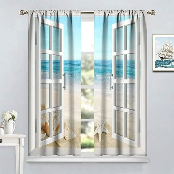Ocean Beach Window Curtains,Tropical Summer Starfish Seashell Blackout Rod Pocket Window Door Curtains For Bedroom Living Room Bathroom Home Decor 53"W x 84"L (Pack of 2)