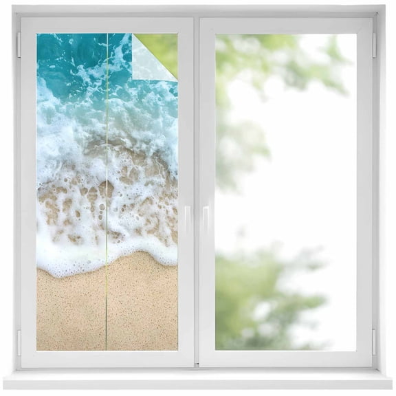Ocean Beach Window Privacy Film 19.6x39.3in Summer Sand Waves Nature Decorative Window Film with Static Cling, UV Filtering Window Cling Privacy Film for Glass Doors and Windows