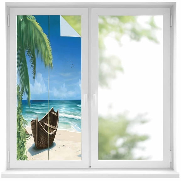 Ocean Beach Window Privacy Film, Blue Coastal Palm Tree Nautical Sailboat Static Cling UV Sun Blocking Heat Control Window Tint Day and Night, Non-Adhesive One Way Windows Privacy Cover 19.6''x39.3''