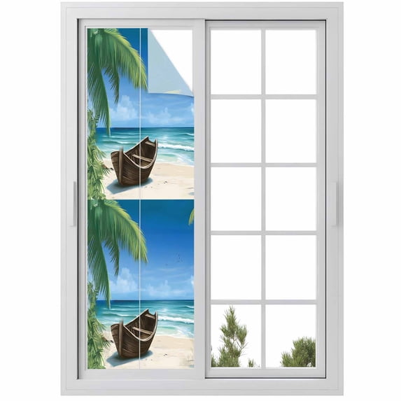 Ocean Beach Window Privacy Film, Blue Coastal Palm Tree Nautical Sailboat Static Cling UV Sun Blocking Heat Control Window Tint Day and Night, Non-Adhesive One Way Windows Privacy Cover 17.7''x78.7''