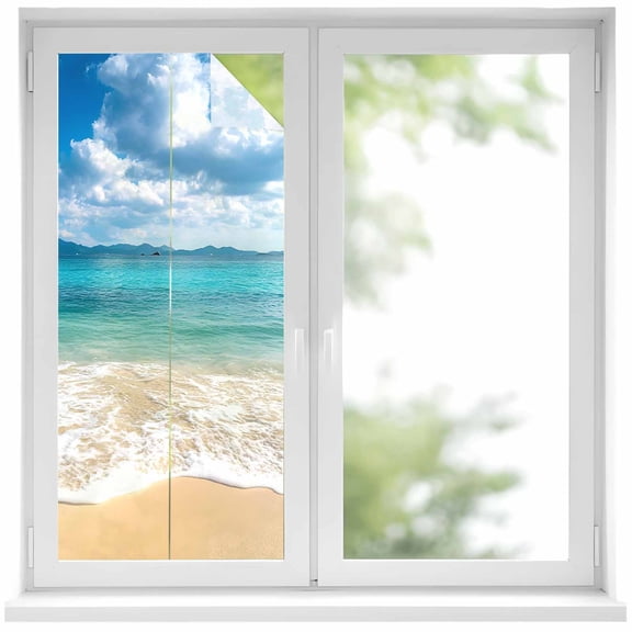 Ocean Beach Window Privacy Film, Blue Sky Waves Sand Horizon Shore Summer Static Cling UV Sun Blocking Heat Control Window Tint Day and Night, Non-Adhesive One Way Windows Privacy Cover 17.7''x39.3''