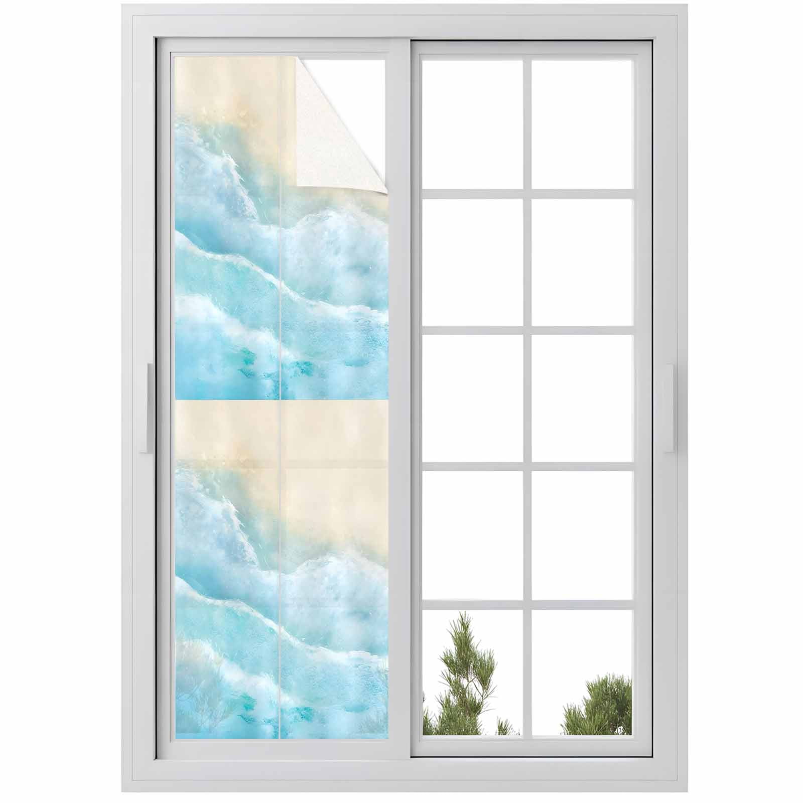 Ocean Beach Window Privacy Film, Gradient Blue Ocean Waves Beige Beach Frosted Glass Window Clings Static Cling UV Heat Blocking Reusable Door Sticker for Bathroom 29.5 x 118 Inch