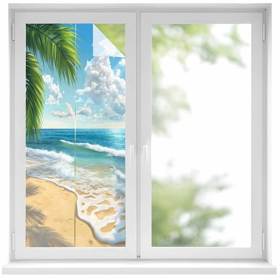 Ocean Beach Window Privacy Film, Palm Trees Frosted Glass Window Clings Static Cling UV Heat Blocking Reusable Door Sticker for Bathroom 19.6 x 39.3 Inch