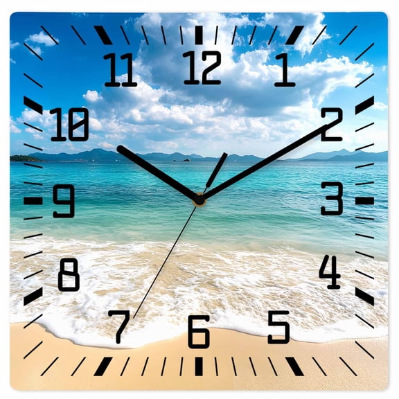 Ocean Beach Wooden Wall Clock Silent Non Ticking, Blue Sky Waves Sand Horizon Shore Summer Square Wall Clocks Battery Operated, Decor Clock for Home Office, Living Room, Kitchen, 10 Inch
