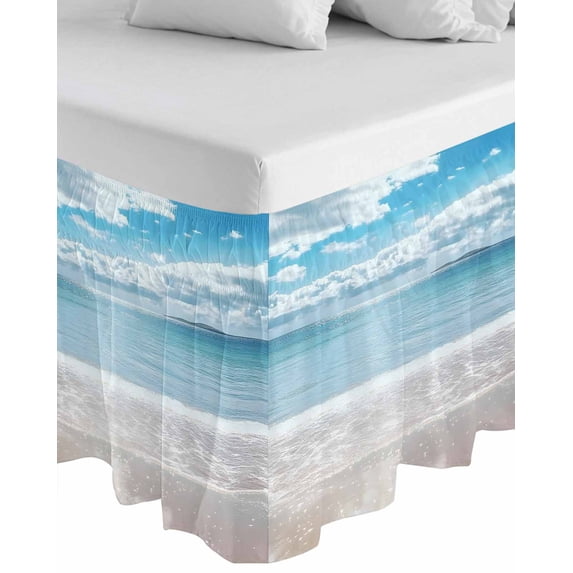 Ocean Beach Wrap Around Bed Skirts for California King Bed 16" Drop,Bed Skirt with Adjustable Elastic Belt Dust Ruffle Bed Valance Natural Blue Sea Waves Sky Cloudy Scenery Bed Frame Cover