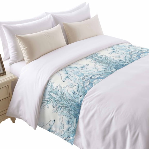 Ocean Bear Fish Bed Runner for Twin Size Bed, Watercolor Bears Fishes Seal Seaweed Iceberg Soft Bedding Scarf Bedding Protector Slipcover Sofa Throw for Bedroom Hotel Guesthouse