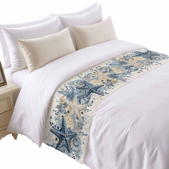 Ocean Bed Runner for King Size Bed, Blue Beige Starfish Shells Plant Leaves Flowers Linen Soft Bedding Scarf Bedding Protector Slipcover Sofa Throw for Bedroom Hotel Guesthouse