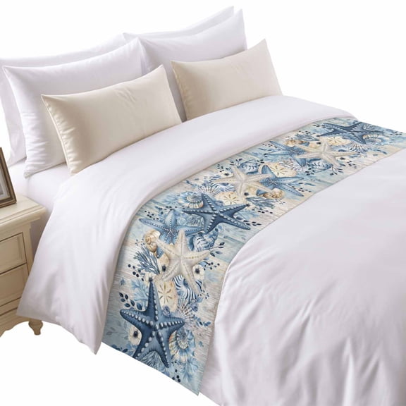 Ocean Bed Runner for Queen Size Bed, Blue Beige Starfish Shells Leaves Flowers Wood Grain Soft Bedding Scarf Bedding Protector Slipcover Sofa Throw for Bedroom Hotel Guesthouse