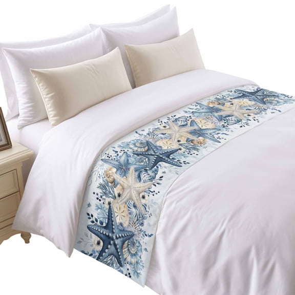 Ocean Bed Runner for Twin Size Bed, Blue Beige Starfish Shells Plant Leaves Flowers Gradient Soft Bedding Scarf Bedding Protector Slipcover Sofa Throw for Bedroom Hotel Guesthouse