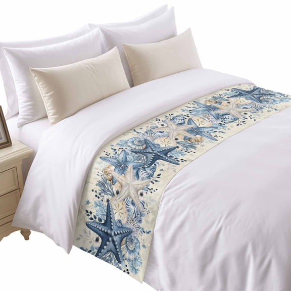 Ocean Bed Runner for Twin Size Bed, Blue Beige Starfish Shells Plant Leaves Flowers Retro Soft Bedding Scarf Bedding Protector Slipcover Sofa Throw for Bedroom Hotel Guesthouse