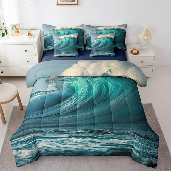 Ocean Bed in a Bag King Size Comforter Set 7 Pieces,Sea Wave Bedding Sets Waves Spoondrift Sheet Set With Comforter,Natural Scenery Art Bed Set