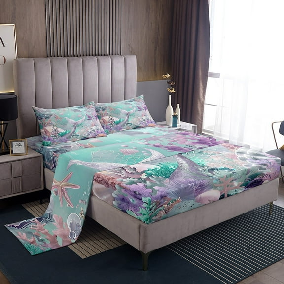 Ocean Bed Sheets Set Sliver Purple Mermaid Tail Queen Sheet Set,Nautical Sea Animal Sheets Starfish Coral Top Sheet,Dreamy Princess Room Decor