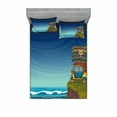 thumbnail image 1 of Ocean Bedding Set with Sheet & Covers, Cartoon Car with Surfboards Blue Night Ocean Waves Travel Summer Island Illustration, Printed Bedroom Decor 2 Shams, 4 Sizes, Multicolor, by Ambesonne, 1 of 3