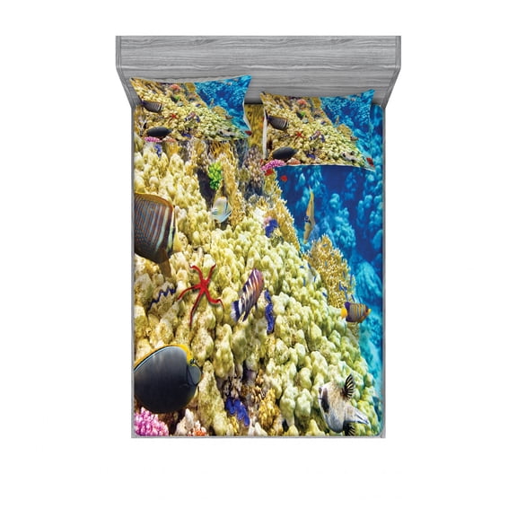 Ocean Bedding Set with Sheet & Covers, Colorful Life Natural Environment Deep down in the Sea Scenery Exotic Holiday Picture, Printed Bedroom Decor 2 Shams, 4 Sizes, Blue Beige, by Ambesonne