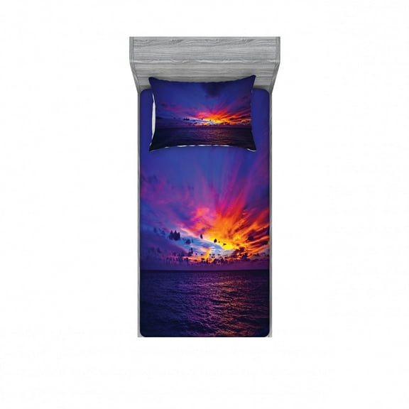 Ocean Bedding Set with Sheet & Covers, Dreamlike Sunset in the Ocean Aurora Borealis Beyond Pacific Sea Atmosphere Photo, Printed Bedroom Decor 2 Shams, 4 Sizes, Purple Blue, by Ambesonne