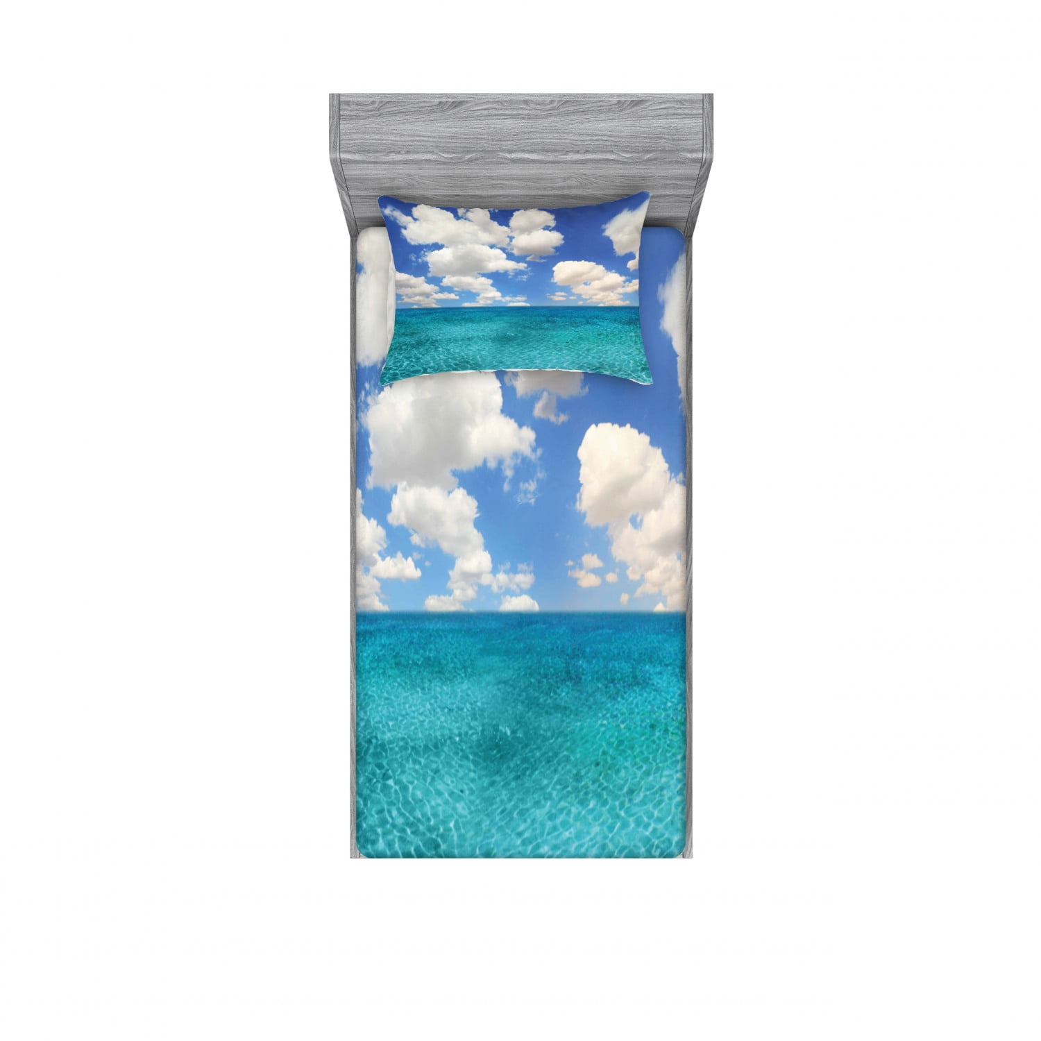 Twin White and Turquoise Microfiber Ocean Print Sheet Set