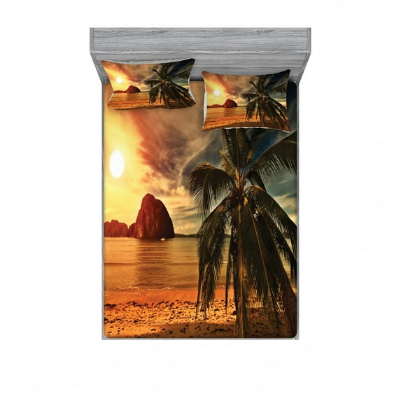 Ocean Bedding Set with Sheet & Covers, Havana Beach Sunny Tropics Mountains Rocks and Coconut Palm Trees, Printed Bedroom Decor 2 Shams, 4 Sizes, Dark Green Pale Brown, by Ambesonne