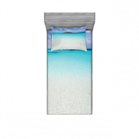 Ocean Bedding Set with Sheet & Covers, Paradise Beach in Caribbean Water a Small Island Scene Dream Away Art Print, Printed Bedroom Decor 2 Shams, 4 Sizes, Cream Turquoise, by Ambesonne