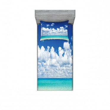 Ocean Bedding Set with Sheet & Covers, Paradise Beach Tropical Hawaiian Exotic Sky Color with Clouds Scenery, Printed Bedroom Decor 2 Shams, 4 Sizes, Turquoise White, by Ambesonne