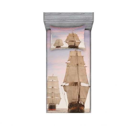 Ocean Bedding Set with Sheet & Covers, Sailboat Gaff Top Sail Tall Wooden Sailing Ships Waves Print Photo, Printed Bedroom Decor 2 Shams, 4 Sizes, Cream and Blue Grey, by Ambesonne