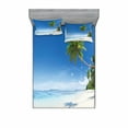 thumbnail image 1 of Ocean Bedding Set with Sheet & Covers, Tropical Beach with Palm Trees in the Ocean Summer Paradise Image Modern Design, Printed Bedroom Decor 2 Shams, 4 Sizes, Blue Green Cream, by Ambesonne, 1 of 3