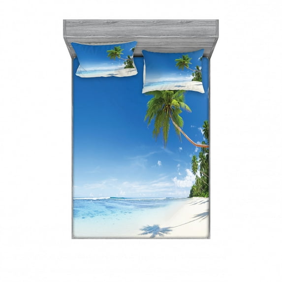 Ocean Bedding Set with Sheet & Covers, Tropical Beach with Palm Trees in the Ocean Summer Paradise Image Modern Design, Printed Bedroom Decor 2 Shams, 4 Sizes, Blue Green Cream, by Ambesonne