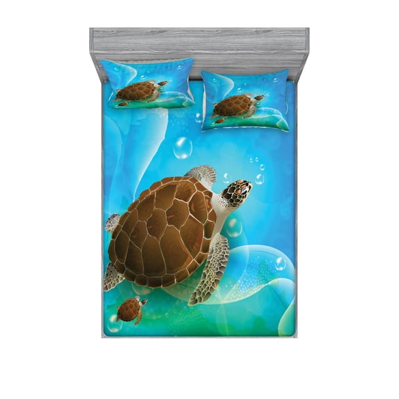Ocean Bedding Set with Sheet & Covers, Turtle Family Swimming in Ocean Bubbles Underwater World Cartoon Fun Artwork, Printed Bedroom Decor 2 Shams, 4 Sizes, Green Blue Brown, by Ambesonne