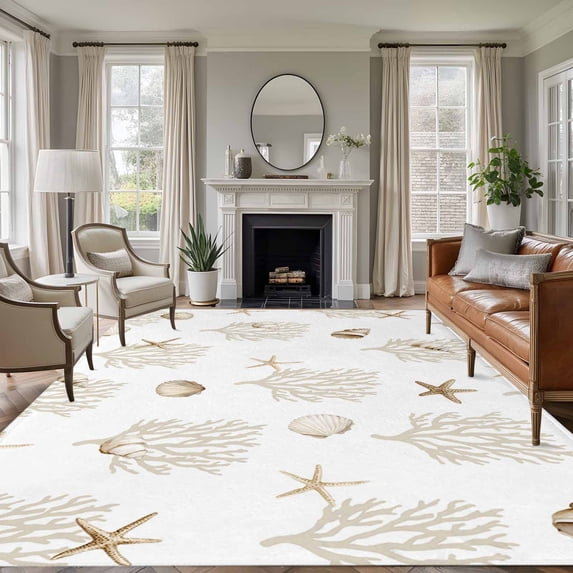Ocean Beige Coral Area Rugs 8'x10', Washable Small Throw Rugs for Living Room Patio, Summer Coastal Starfish Conch Nautical Indoor Outdoor Rug Non-Slip Low Pile Carpet Runner Reversible Floor Mats