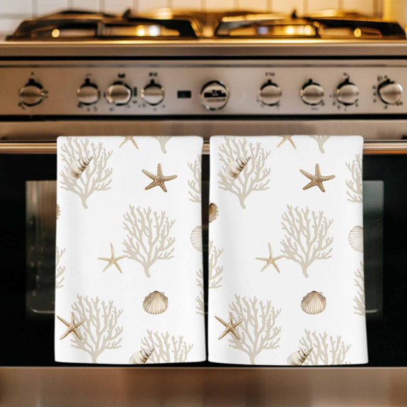 Ocean Beige Coral Kitchen Towels Set of 2, Summer Coastal Starfish Conch Nautical Absorbent Dish Towels for Kitchen, Microfiber Hand Towel, Quick Drying Tea Towel for Cleaning Decorative Dishcloths