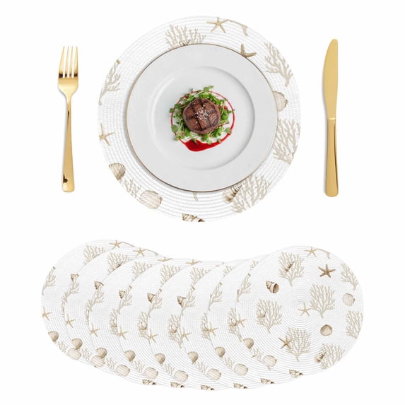 Ocean Beige Coral Round 15 Inch Placemats Set of 8, Summer Coastal Starfish Conch Nautical HeatResistant Non Slip Place Mats for Dining Table, Wipeable Braided Kitchen Table Mats for Housewarming