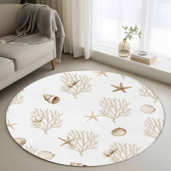 Ocean Beige Coral Round Area Rug 3Ft Washable Small Circle Rugs for Kitchen Entryway, Summer Coastal Starfish Conch Nautical Non-Slip Carpet Floor Mats Indoor Outdoor Carpet Runner Home Decor