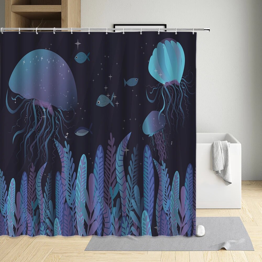 Ocean Biological Shower Curtain Jellyfish Fish Seaweed Plankton