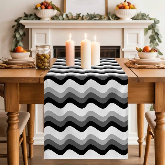 Ocean Black Gray Waves Table Runner, Nautical Modern Abstract Black Stripe Cotton Linen Kitchen Table Decoration Washable Dining Tabletop Runners for Home Party Decor 16x72 Inches