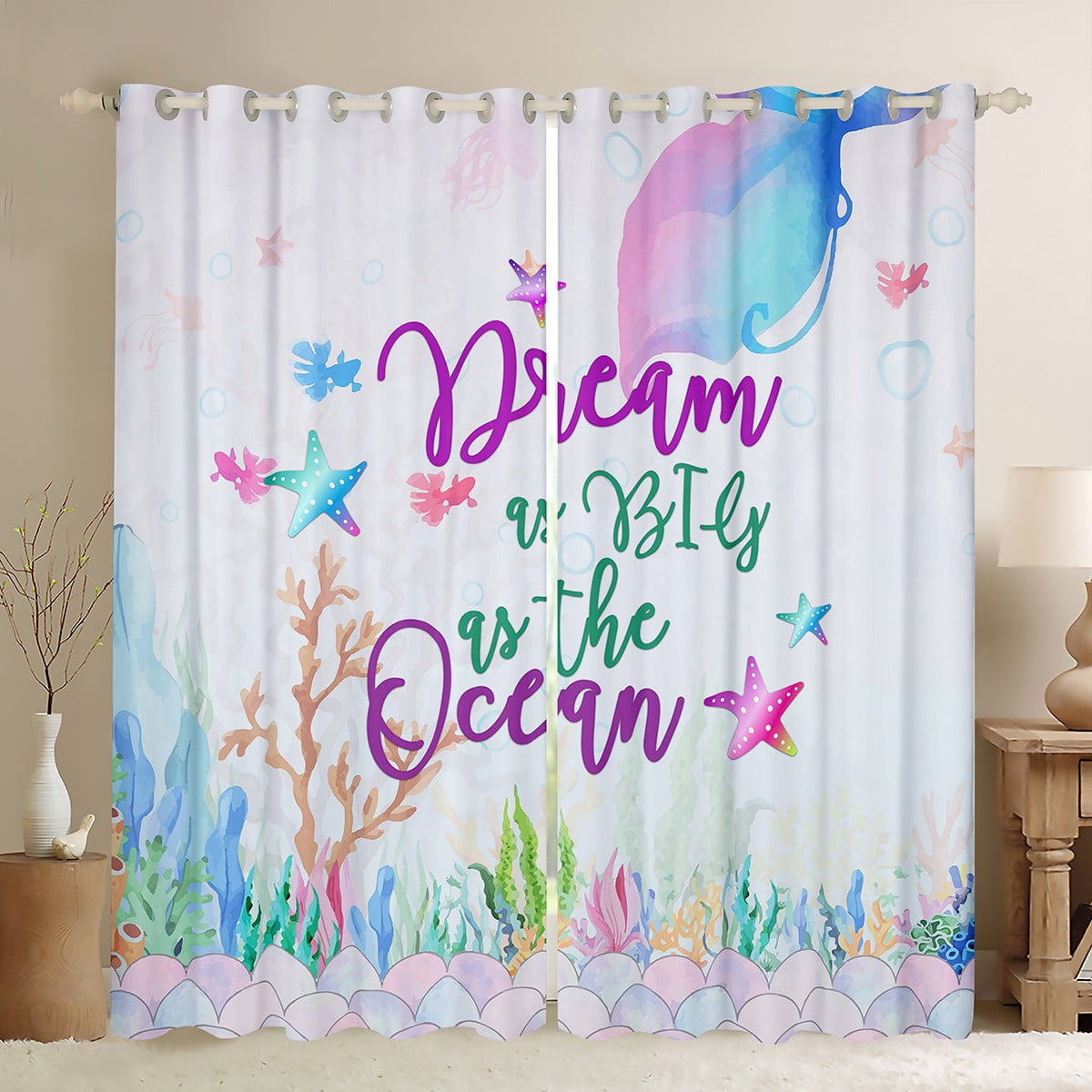 Ocean Blackout Curtains For Kids, Starfish Jellyfish Curtains For Kids
