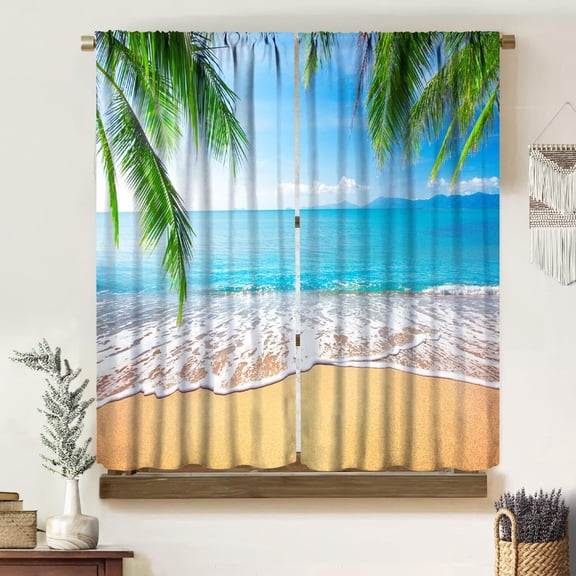 Ocean Blackout Curtains, Summer Tropical Island Palm Tree Seaside Beach Scenery Print Rod Pocket Window Treatments Drapes for Bedroom Living Room Kitchen 42" W X 39" L