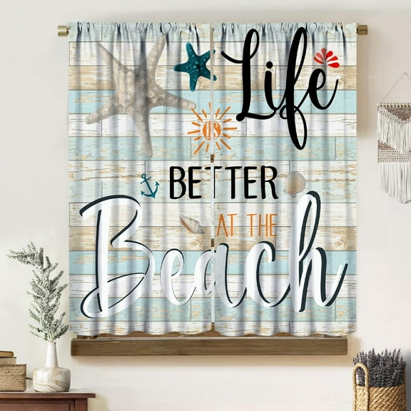 Ocean Blackout Curtains,Vintage Wooden Panel Summer Ocean Beach Theme Starfish Shells Print Rod Pocket Window Treatments Drapes for Bedroom Living Room Kitchen 42" W X 54" L