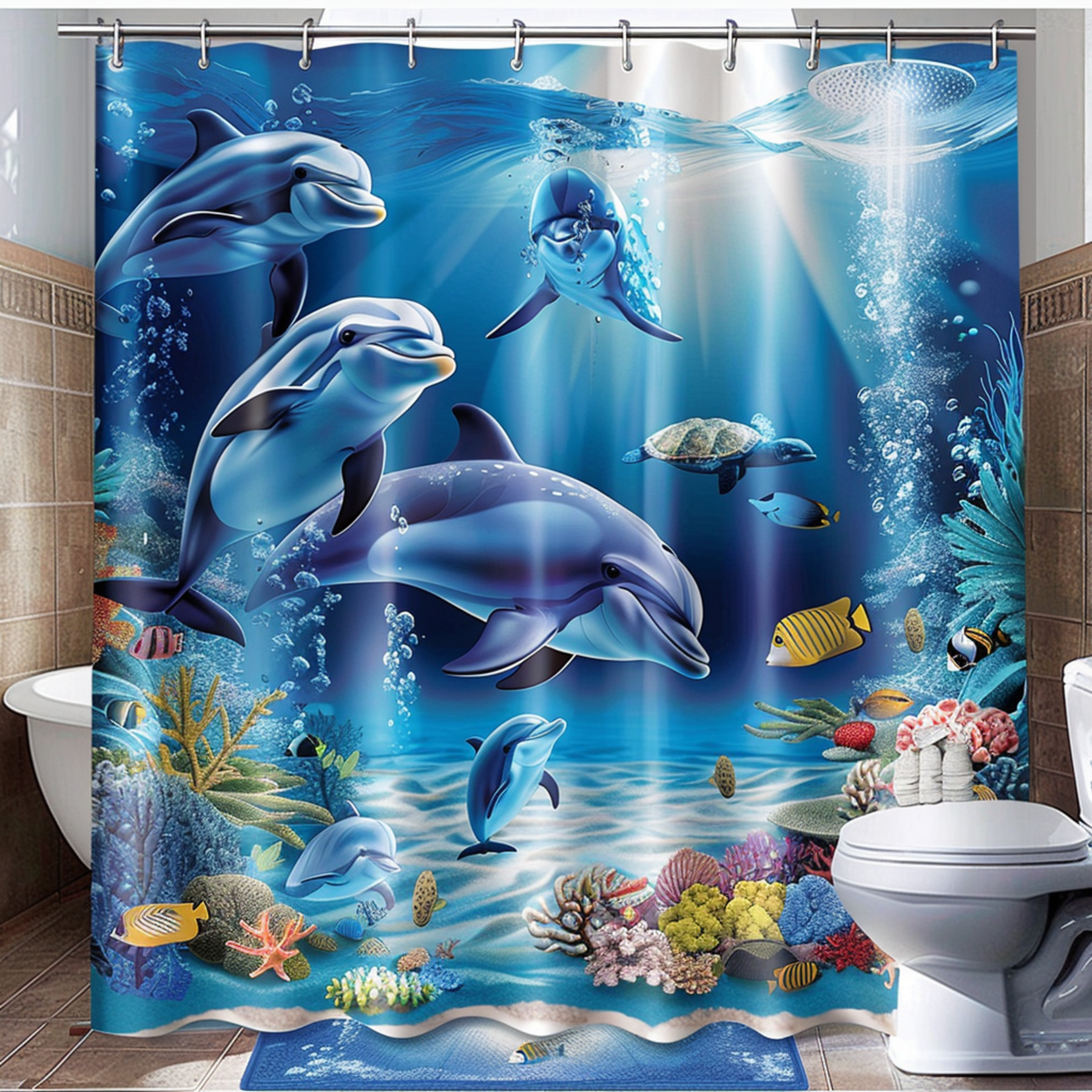 Ocean Bliss Dolphin Shower Curtain Underwater Marine Life Theme with Fish Corals and Dolphins